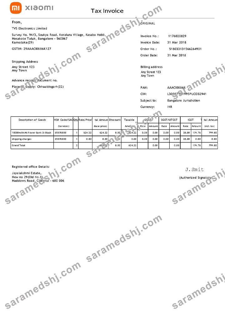 USA Xiaomi invoice template